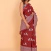 Brick Red Cotton Saree with Printed Birds and Blouse Piece - Image 4