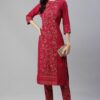 Dark Pink Color Foil Printed Straight Kurta And Pant Set - Image 5