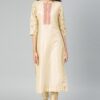 Cream Colour Solid Straight Polysilk Kurta With Pant / Salwar Suit Set