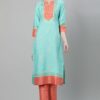 Turquoise Blue Color Foil Print Straight Kurta And Pant Set