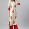 Cream Color Foil Print Straight Kurta And with Plazzo - Image 2