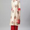 Cream Color Foil Print Straight Kurta And with Plazzo - Image 5