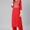 Red Colour Khadi Print Straight Polyester Rayon Kurta With Palazzo / Salwar Suit Set