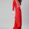 Red Colour Khadi Print Straight Polyester Rayon Kurta With Palazzo / Salwar Suit Set - Image 3