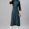 Teal Color Foil Print Straight Kurta - Image 5