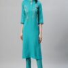 Turquoise Blue Color Foil Print Straight Kurta And Pant Set