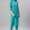 Turquoise Blue Color Foil Print Straight Kurta And Pant Set - Image 5