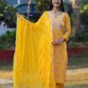 Yellow Rayon Kurti Set with Pant and Dupatta
