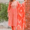 Orange Fashionable Cotton Kurti Set with Pant and Dupatta