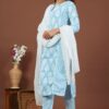 Blue Women's Cotton Kurta Set with Pant and Dupatta - Plus Sizes - Image 5