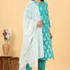 Green Women's Cotton Kurta Set with Pant and Dupatta