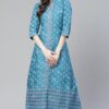 Poly Silk Teal Colored Foil Printed A-Line Ethnic Kurta / Ethnic Dress