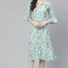 Poly Rayon Aqua Green Colored Digital Printed Flared Ethnic Kurta / Ethnic Dress