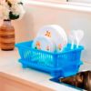 Blue Large Durable Plastic Kitchen Drying Rack Washing Basket with Tray & Spoon Holder- 1 Unit