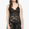 Black Fancy Baby Doll Full Net Sheer Fabric Short Knee Length Sleep Nighty