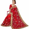 Red Saree with Blouse Piece Women's Heavy Embroidery Work Saree - Image 3