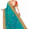 Turquoise Saree with Blouse Piece Women's Heavy Embroidery Work Saree - Image 2