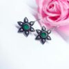 Silver Oxidized Green Stone Six  Petal Hook Earrings