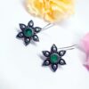 Silver Oxidized Green Stone Six  Petal Hook Earrings - Image 2