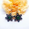Silver Oxidized Green Stone Six  Petal Hook Earrings - Image 3