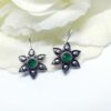 Silver Oxidized Green Stone Six  Petal Hook Earrings - Image 4