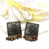 Square Dangling Gold Oxidized Studs with Green Stone - Image 4